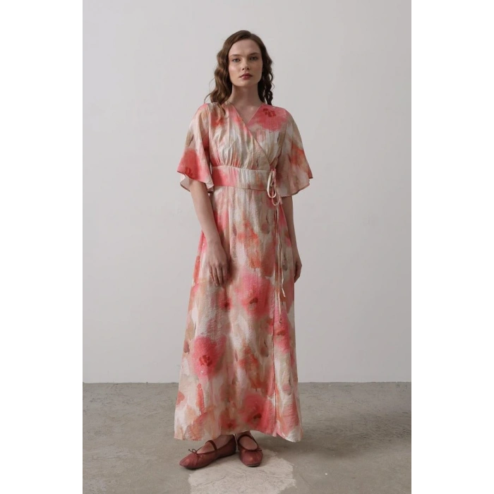 Yandan Bağlamalı Desenli Elbise  Pembe