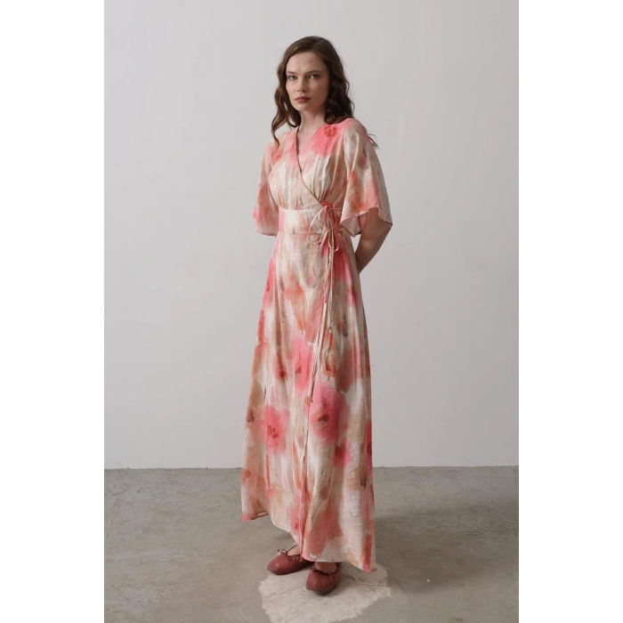 Yandan Bağlamalı Desenli Elbise  Pembe