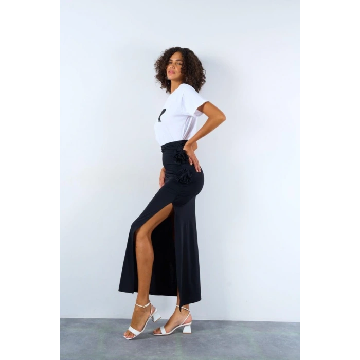 Yandan Büzgülü Güllü Etek  iyah