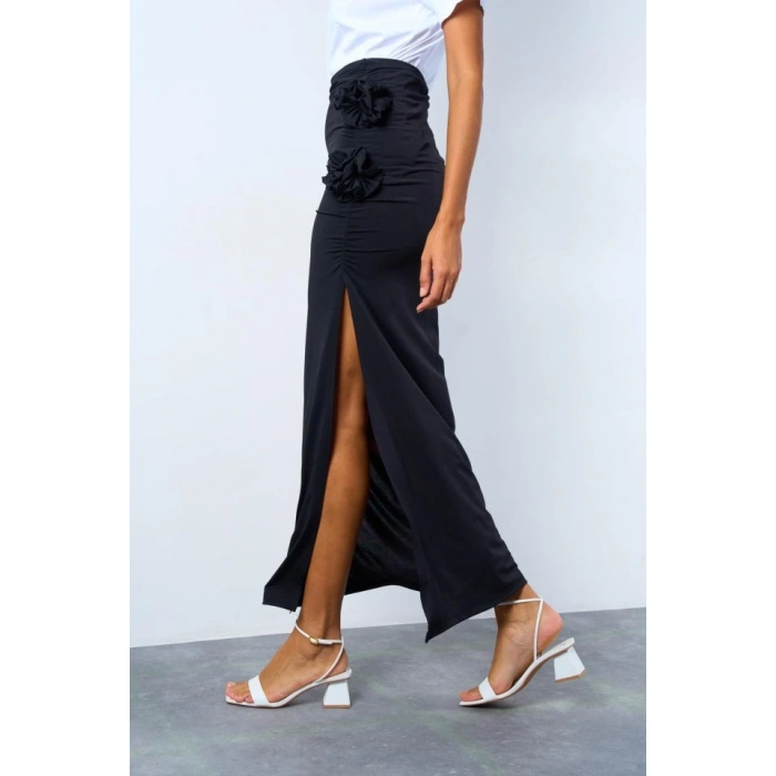 Yandan Büzgülü Güllü Etek  iyah