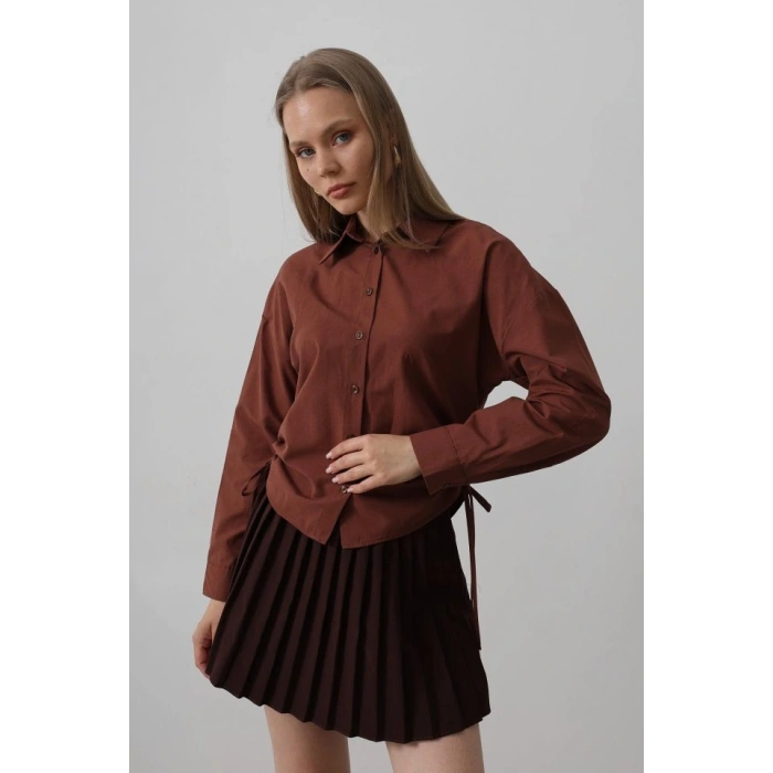 Yanları Bağlamalı Basic Gömlek  Koyu Kahve