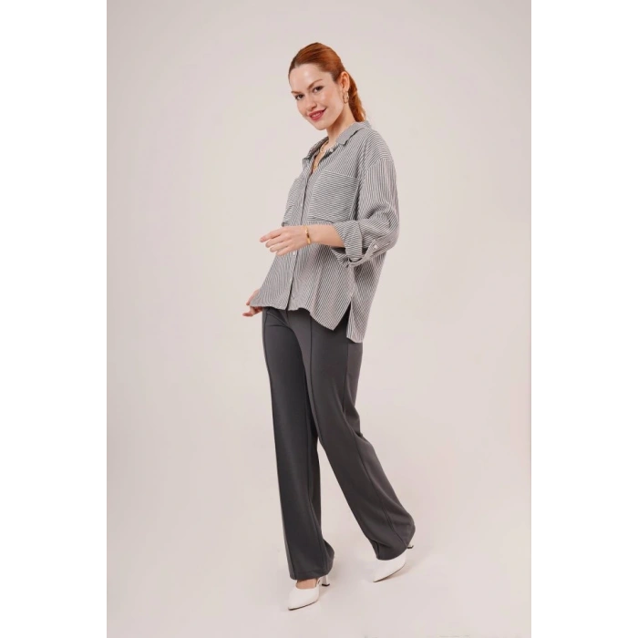Yarasa Kol Çizgili Cep Detaylı Gri Gömlek