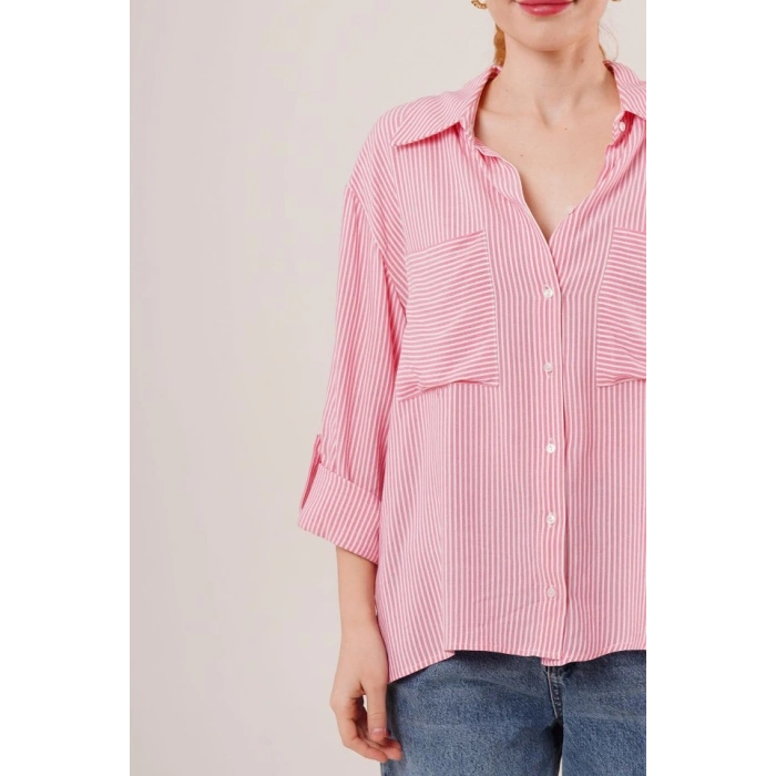 Yarasa Kol Çizgili Cep Detaylı Pembe Gömlek