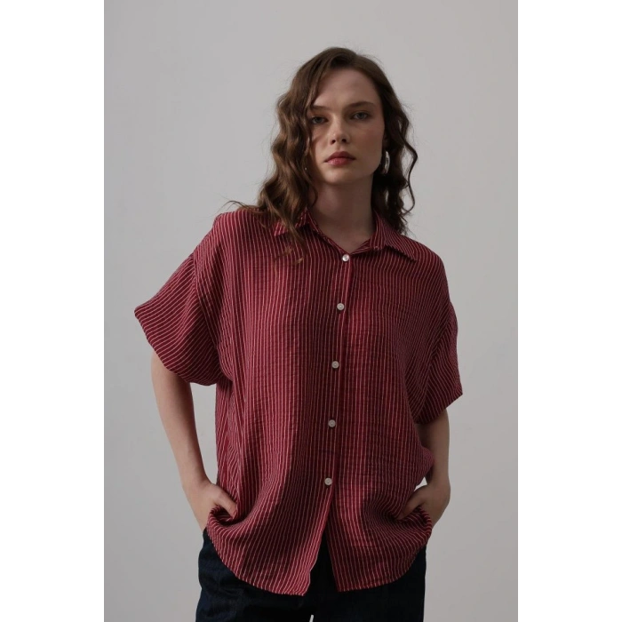 Yarım Balon Kol Çizgili Gömlek  Bordo