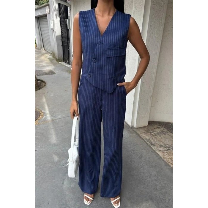 Yeleği Çapraz Detay Düğmeli Cepli Yelekli Takım 10150