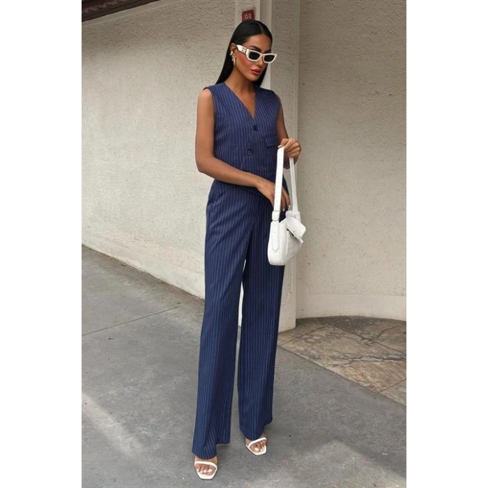 Yeleği Çapraz Detay Düğmeli Cepli Yelekli Takım 10150