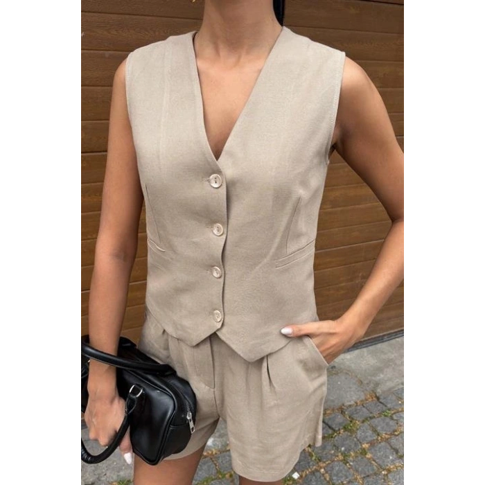 Yelek Şort Flamlı Keten Takım 1013317