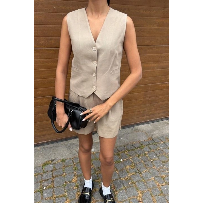 Yelek Şort Flamlı Keten Takım 1013317