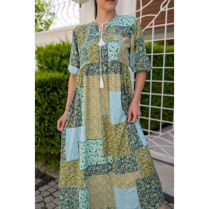 Yeşil alaş Desenli Elbise