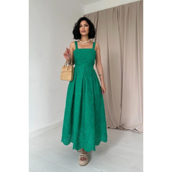 Yeşil Askılı Aparatlı Brode Elbise