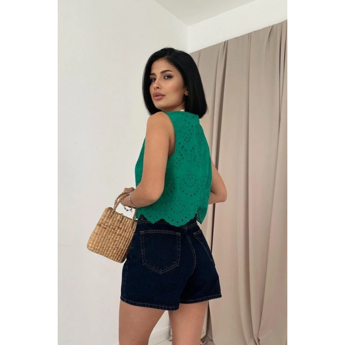 Yeşil ıfır Kol Brode Bluz