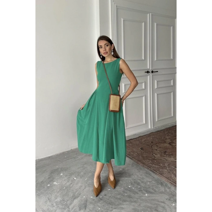 Yeşil Yanları Büzgülü Midi Boy Keten Elbise