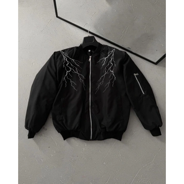 Yıldırım Baskılı Uzun Kol Bomber Ceket  iyah