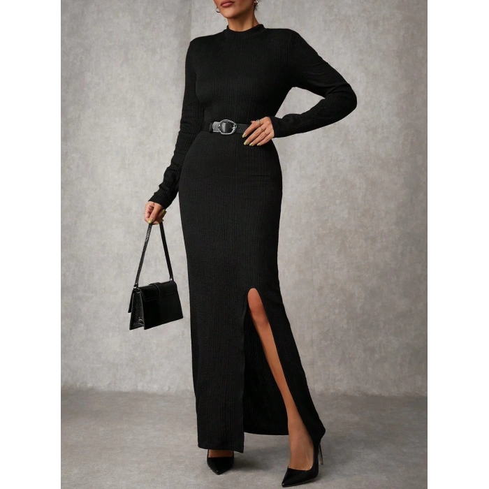 Yırtmaçlı jakarlı uzun elbise siyah A3793