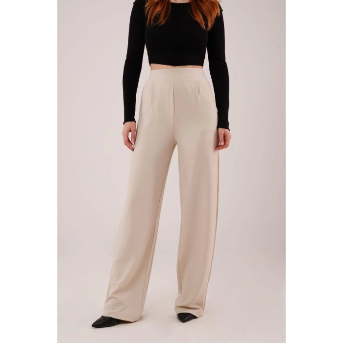 Yüksek Bel Bol Paça Krep Krem Pantolon