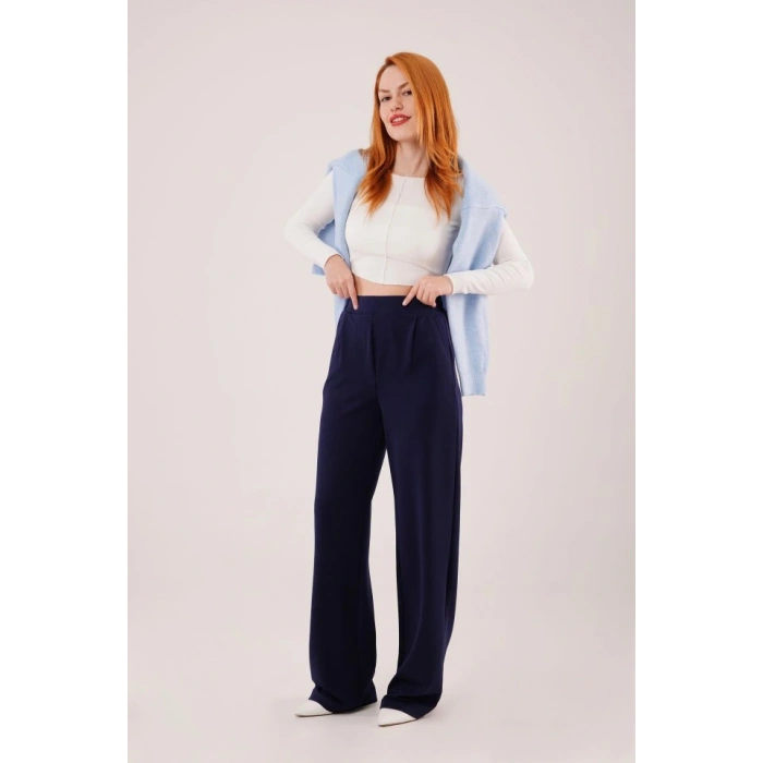 Yüksek Bel Bol Paça Krep Lacivert Pantolon