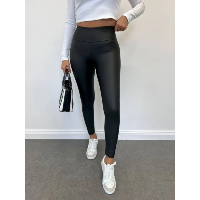 Yüksek Bel Toparlayıcı İçi Şardonlu Deri Tayt