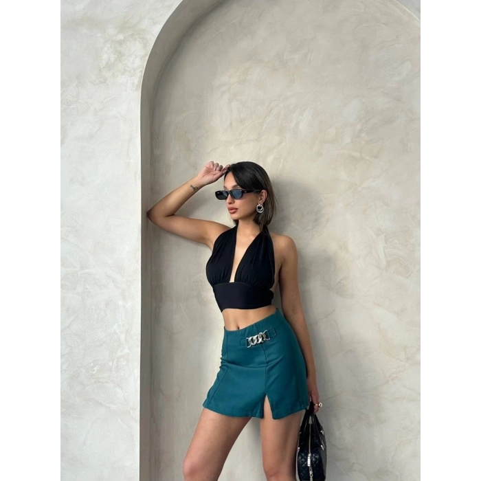 Zincirli şort etek petrol yeşili s24676