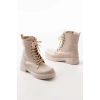 02-356 Bej Düz Topuklu Bağcıklı Fermuarlı Günlük Kadın Bot