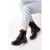 02-356 Siyah Rugan Düz Topuklu Bağcıklı Fermuarlı Günlük Kadın Bot