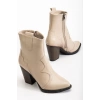117 Bej Kovboy Dikiş Detaylı Fermuarlı  Yüksek Topuklu Günlük Kadın Bot