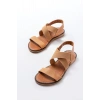 205-04 Bej Tek Bantlı Lastikli Hakiki Deri Ortopedik Taban Kadın Sandalet