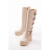 5109-3015 Bej Topuklu Fermuarlı Toka Aksesuarlı Günlük Kadın Çizme