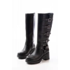 5109-3015 Siyah Topuklu Fermuarlı Toka Aksesuarlı Günlük Kadın Çizme