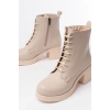 5109-3025 Bej Bağcıklı Fermuarlı Kalın Topuklu Günlük Kadın Bot