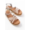 730-138 Bej Örgü  Hakiki Deri Ortopedik Taban Kadın Sandalet