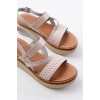 730-152 Bej Örgü Desenli Hakiki Deri Ortopedik Taban Kadın Sandalet