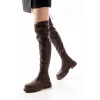 812-2194 Kahverengi Fermuarlı Diz Üstü Bağcıklı Çorap Günlük Kadın Çizme