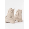 842-03 Bej Bağcıklı Kalın Tabanlı Bağcıklı Fermuarlı Günlük Kadın Bot