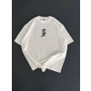 Baskılı Oversize Bisiklet Yaka Tshirt  Beyaz