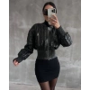 Beli büzgülü crop deri ceket siyah