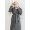 Beli Kuşaklı Yünlü Dokuma Kaşmir Kaban  Gri
