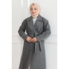 Beli Kuşaklı Yünlü Dokuma Kaşmir Kaban  Gri