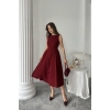 Bordo Yanları Büzgülü Midi Boy Keten Elbise