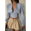 CROP POPLİN GÖMLEK YAKA KENAR DANTEL DETAYLI  Bebe Mavi