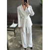 Ekru Beli Kuşaklı Ceket Ve Pantolon Parlak Takım