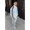 Erkek Çift Şeritli Eşofman Takım Dik Yaka Fermuarlı weatshirt Boru Paça Alt, Oversize 3 Iplik Pamuklu  Beyaz