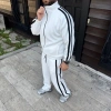 Erkek Çift Şeritli Eşofman Takım Dik Yaka Fermuarlı weatshirt Boru Paça Alt, Oversize 3 Iplik Pamuklu  Beyaz