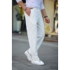 Erkek Cizgili Dokuma Krep Jogger Buggy Pantalon Rahat Kalıp  Beyaz