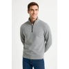 Erkek Dik Yaka weatshirt Dik Yaka Yarım Fermuarlı 3 İplik Şardonlu Pamuk Kumaş  Gri