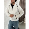 Erkek Oversize Dik Yaka Fermuarlı weatshirt  Zincir Nakışli Kanguru Cepli  Beyaz