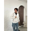 Erkek Oversize Dik Yaka Fermuarlı weatshirt  Zincir Nakışli Kanguru Cepli  Beyaz