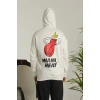 Erkek Oversize Üç İplik Kapüşonlu weatshirt –ırt Ve Ön Baskılı, Kanguru Cepli, Rahat Kalıp askot Desenli odel  iyah Beyaz