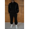 Erkek Premium Parçalı Eşofman Takım  Dik Yaka Fermuarlı Biyeli weatshirt astik Paça Alt, Oversize 3 Iplik Şardonlu  iyah