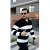 Erkek Şerit Renk Desenli Zip Yaka Kazak