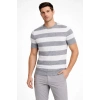 Erkek Tshirt Çizgili Triko Dokuma Bisiklet Yaka Tişört  Gri